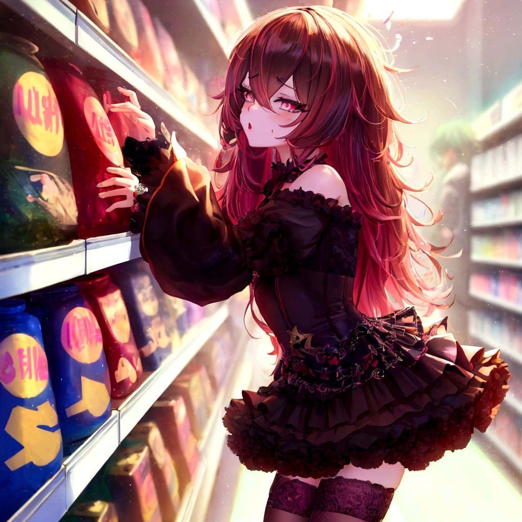 anime femboy in a black dress picking chips from a shelf, anime femboy wearing a black dress, cute anime girl, anime style 4 k, cute anime waifu in a nice dress, anime femboy, artwork in the style of guweiz, seductive anime anime femboy, anime lover, 4k anime wallpaper, soda themed girl, anime art wallpaper 4k, anime art wallpaper 4 k
