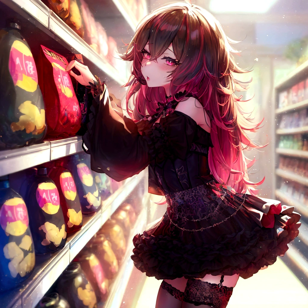 anime femboy in a black dress picking chips from a shelf, anime femboy wearing a black dress, cute anime girl, anime style 4 k, cute anime waifu in a nice dress, anime femboy, artwork in the style of guweiz, seductive anime anime femboy, anime lover, 4k anime wallpaper, soda themed girl, anime art wallpaper 4k, anime art wallpaper 4 k