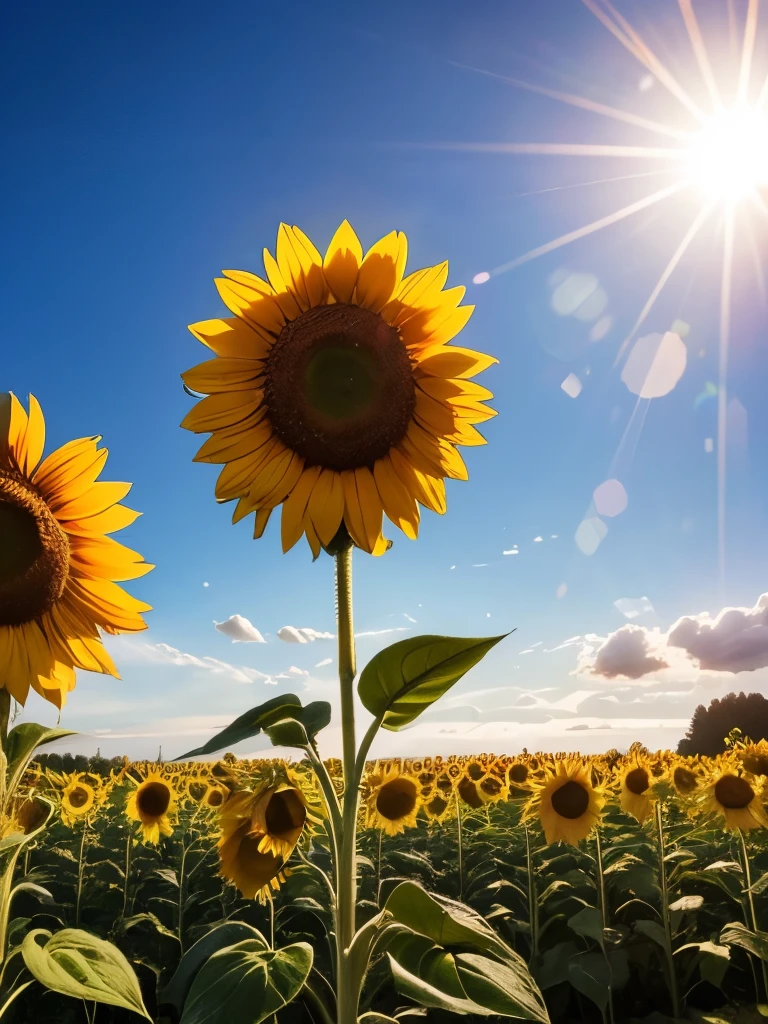 (best quality), (8k), (top quality), (real photo), (realistic photo), sunflower garden, blue sky, rainbow and sun shining.