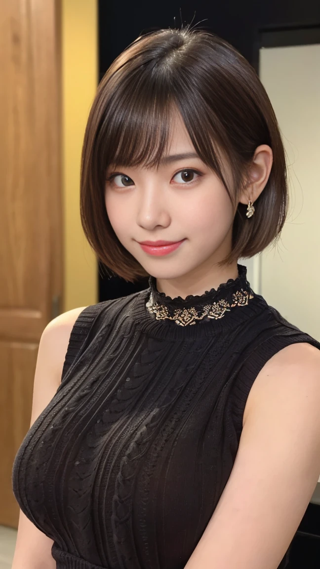 黒いSleeveless sweaterを着た日本女性、 (((masterpiece))), ((Highest quality)), ((Intricate details)), (((超Realistic)), irrational solution, Near and far, Very detailed, Realistic, 1 Girl, ((Big Breasts)), Perfect hands, Finger details, Beautiful and detailed, short hair, Brown eyes,(Sleeveless sweater:1.2), Black knit dress, Detailed Background, choker, Perfect Eyes, Captivating eyes, Looking at the audience, From the side、Laughter、Moles around the mouth、