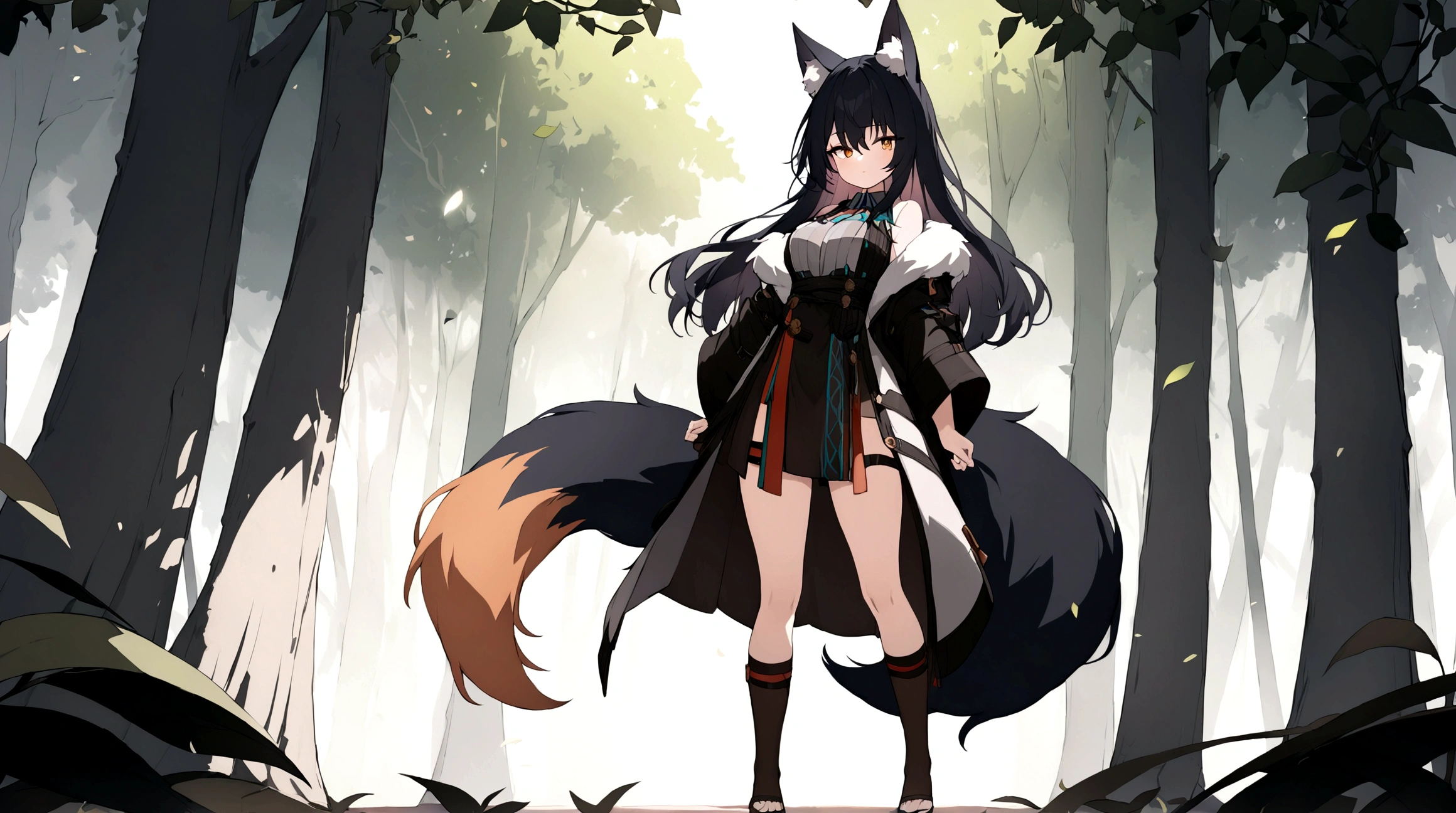 (1girl, Masterpiece, best quality) (detailed and beautiful eyes:1.6) (perfect hands, perfect anatomy) ((full body)) ((Adult)) fox-girl Misaki has ((short black hair styled in a slightly tousled manner and her fox ears are perked up attentively.)) (She wears a black fantasy, adventurer leather coat) Her outfit includes a (high-collared adventurer medium dress with red accents and 3 leather straps, emphasizing a combination of practicality) and elegance. She has a one black, big **fluffy** fox tail. She has a black long over-to-knee socks. Misaki's orange eyes exude a sense of mystery and confidence. Light filtering through the leaves create a serene yet enigmatic atmosphere. Her standing positon showcases her strength, adultness and readiness for battle.