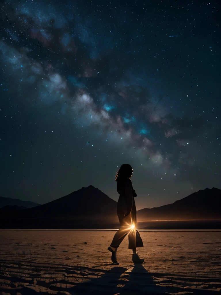 Masterpiece, best quality, ((salt flat)), 4K,8K,style,masterpiece, create a black woman, at night long charge, ((ultra-detailed)), outdoors, night, nature, (stars, full moon), shadows, contrast, clear sky, (style, (film grain: 1.3), (warm hue, warm tone): 1.2), cinematic light, side lighting, ultra high resolution, (best shade), RAW, walk, verse,