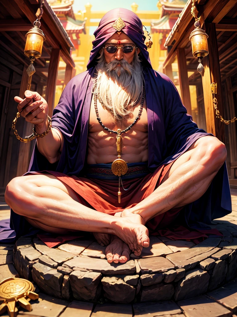 Highest quality,Highest Resolution,An old monk holding a rosary,Temple grounds,