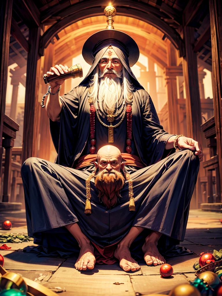 Highest quality,Highest Resolution,An old monk holding a rosary,Temple grounds,