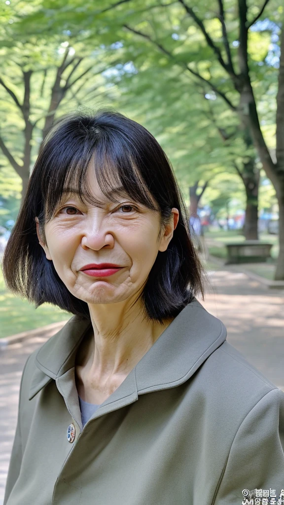 2m50cm tall, Japanese female, buck teeth, narrow eyes, big nose, 55 years old, dirty, park with trees,