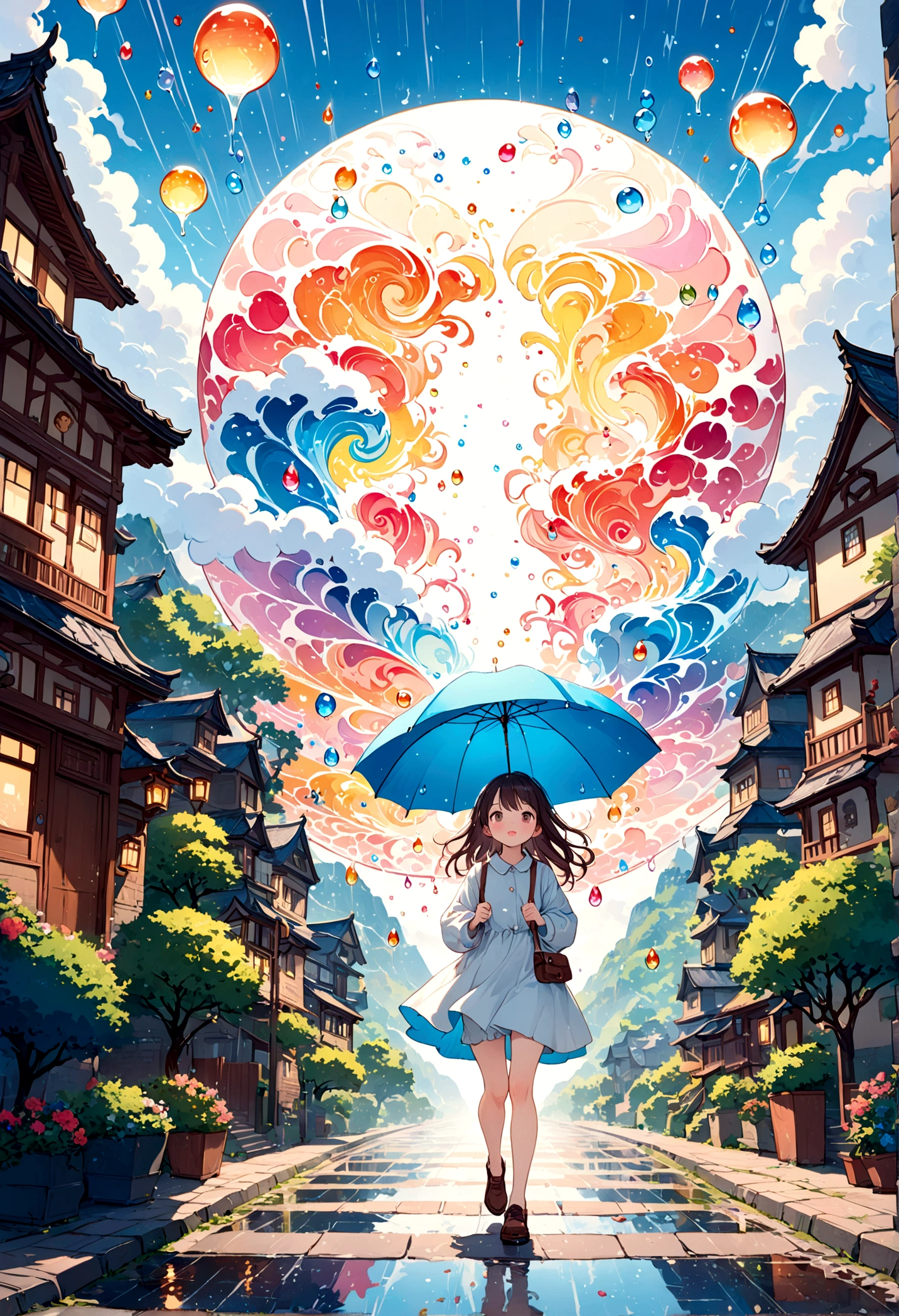 cuteイラスト: landscape,Street corner on a rainy day,絵本に出てくるようなlandscape,Emotional,Girl is walking,break,(Girl with an 傘),Anatomically correct,break,Create an artistic background,Add a drop pattern to the background,The street is colorful, Fairytale-like,This is a cute illustration like a dream.,Blur the lines of the water droplets for an artistic look.,Intricate details,Wide range of colors,artwork,rendering,(masterpiece:1.3),(Highest quality:1.4),(Very detailedな:1.5),High resolution,Very detailed,unity 8k wallpaper,Structurally correct,cute,Fantasy