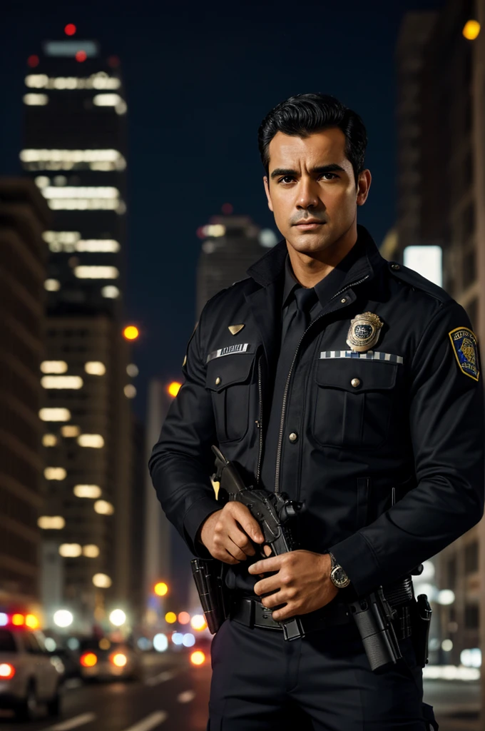 1 man, handsome and handsome,Casting a masterpiece, 4K, ultra realistic, policeman, city night background, Carlos Oliveira, Portrait, I have black hair.