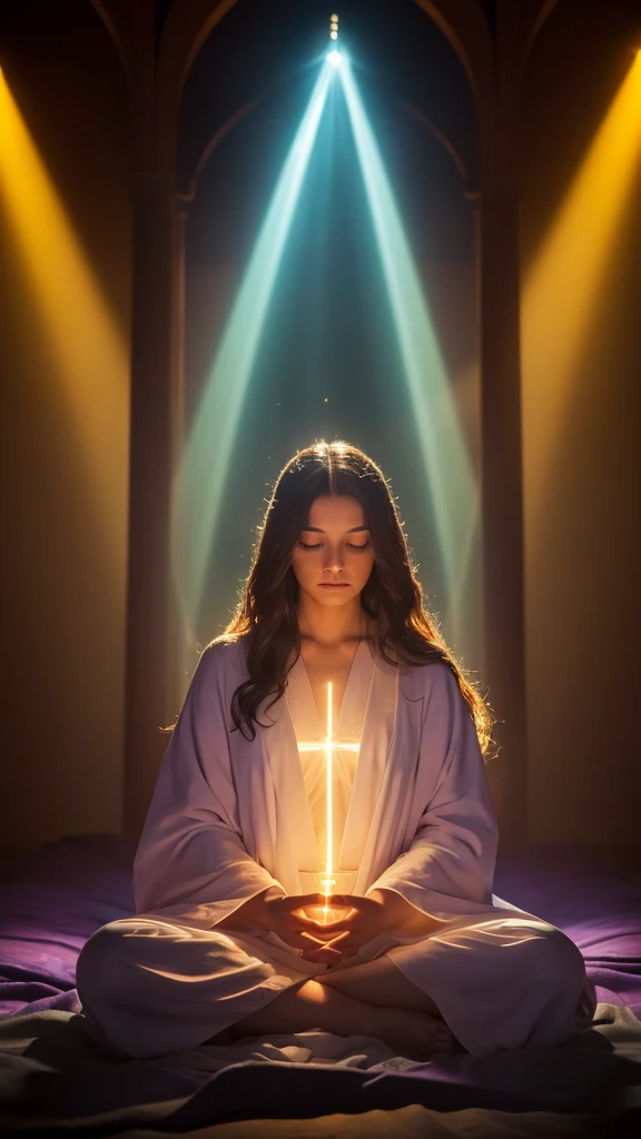 A mystical scene of a person bathed in divine light. A figure with long, wavy hair sits cross-legged in meditation, wearing a flowing purple robe. Their back is to the viewer. Above them, a brilliant, radiant light source emanates beams of golden and rainbow-hued light. The light forms a circular aura, with rays stretching down to envelop the person. The background is dark, enhancing the contrast with the luminous apparition. The overall atmosphere is one of spiritual awakening, transcendence, and connection to a higher power.
