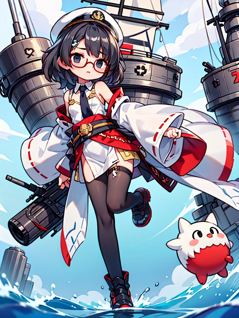 ((((Full body of a woman with perfect flat chest、solo、Short unkempt black hair、Tie your messy hair at the nape of your neck、white military jacket、Miko costume、tights、Black glasses、White military cap、Cloudy black eyes、Sleepy expression)))), (((masterpiece))), (((Shipgirl))), ((Floating on the morning sea with both feet)), (Spread your legs wide open), (Hold the turret with your right hand), (Mechanical arms extending from the waist are used to equip the ship with battleship equipment.), (Equipped with a turret on the back), (Holds the turret with his left arm), Shotgun shells are attached to the thigh with a belt, Spreading the Machine&#39;s Wings, Machine tail,  shotgun, 