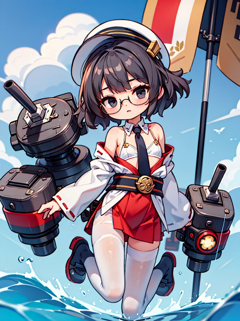 ((((Full body of a woman with perfect flat chest、solo、Short unkempt black hair、Tie your messy hair at the nape of your neck、white military jacket、Miko costume、tights、Black glasses、White military cap、Cloudy black eyes、Sleepy expression、Falcon Hair Accessories、Eagle hair accessory)))), (((masterpiece))), (((Shipgirl))), ((Floating on the morning sea with both feet)), (Spread your legs wide open), (Hold the turret with your right hand), (Mechanical arms extending from the waist are used to equip the ship with battleship equipment.), (Equipped with a turret on the back), (Holds the turret with his left arm), Shotgun shells are attached to the thigh with a belt, Spreading the Machine&#39;s Wings, Machine tail,  Holding a shotgun, Nipple masturbation,  Tentacles, Dildo masturbation