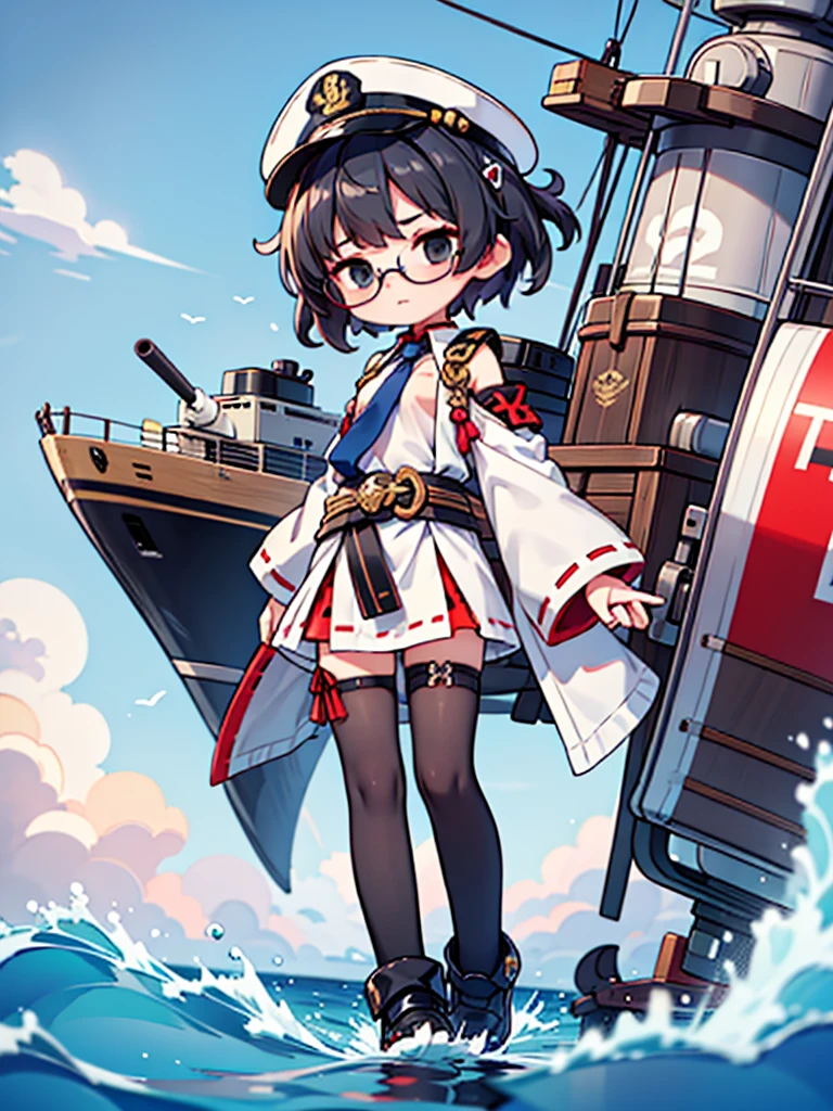 ((((Full body of a woman with perfect flat chest、solo、Short unkempt black hair、Tie your messy hair at the nape of your neck、white military jacket、Miko costume、tights、Black glasses、White military cap、Cloudy black eyes、Sleepy expression、Falcon Hair Accessories、Eagle hair accessory)))), (((masterpiece))), (((Shipgirl))), ((Floating on the morning sea with both feet)), (Spread your legs wide open), (Hold the turret with your right hand), (Mechanical arms extending from the waist are used to equip the ship with battleship equipment.), (Equipped with a turret on the back), (Holds the turret with his left arm), Shotgun shells are attached to the thigh with a belt, Spreading the Machine&#39;s Wings, Machine tail,  Holding a shotgun, Nipple masturbation,  Tentacles, Dildo masturbation