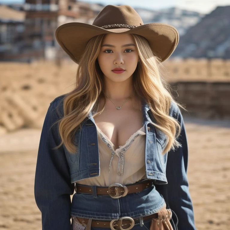 A woman in a jeans skirt and jacket walks down the street., Photo of a thin girl model, fashion model, korean women's fashion model, beautiful female model, sexy style, Wear a camisole and boots., Thin waist and thick hips, Photo of a thin girl, Wear simple, tight-fitting clothing., beautiful female model, Dilraba Dilmurat, cowgirl, Korean girl