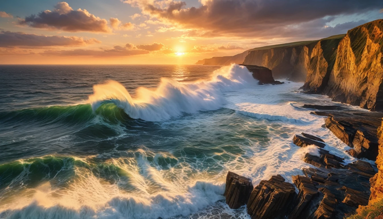 beautiful sunset seascape, big waves crashing against the cliffs, golden hour (masterpiece, ultra quality, high resolution, 8k, intricate: 1.2), (masterpiece), (best quality:1)