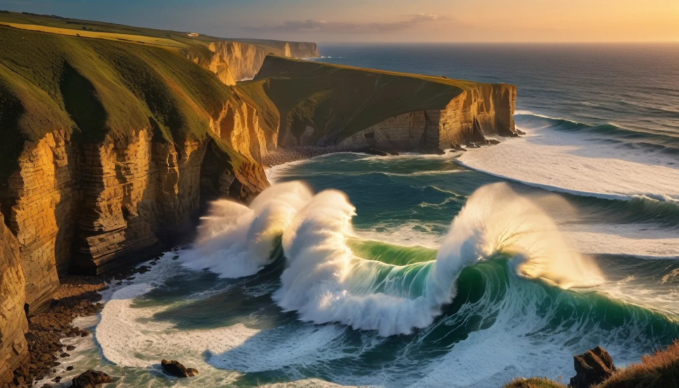 beautiful sunset seascape, big waves crashing against the cliffs, golden hour (masterpiece, ultra quality, high resolution, 8k, intricate: 1.2), (masterpiece), (best quality:1)