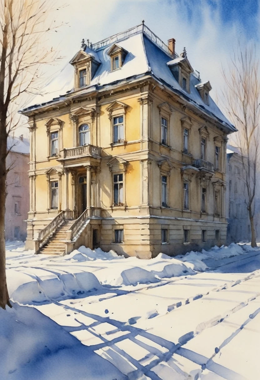 (Watercolor painting in Sargent style)、(best quality、masterpiece) Winter sunlight and snow , Old building, Elegant and old-fashioned , A bit worse ,