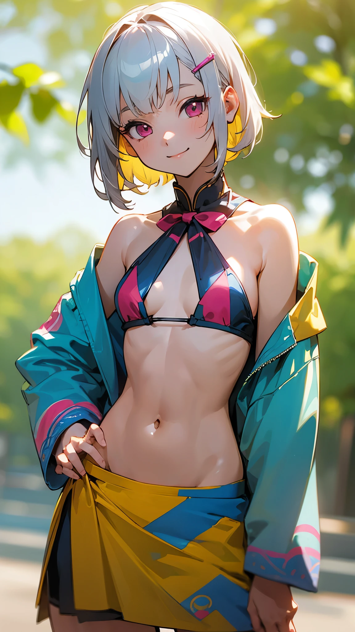 1 Girl、8K、Sharp focus、(Bokeh) (Highest quality) (Detailed skin:1.3) (Intricate details) (anime)、Silver short hair and bob hair、Tie your hair up with a hair clip、Pink Eyes、 years old、(Please put your hands on your hips)、chest、Slim figure、bikini、A pareo skirt with bold ethnic patterns and plenty of primary colors、Realistic Skin、Shiny skin, Sunburned skin、Cowboy Shot、Side body、smile、smile、Park in the background、Soft lighting