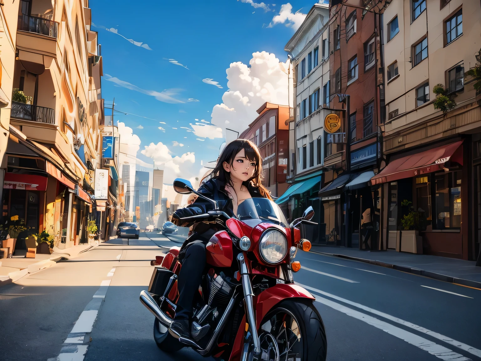 a woman driving a red car with a motorcycle riding alongside on the street, buildings, clouds in the sky,