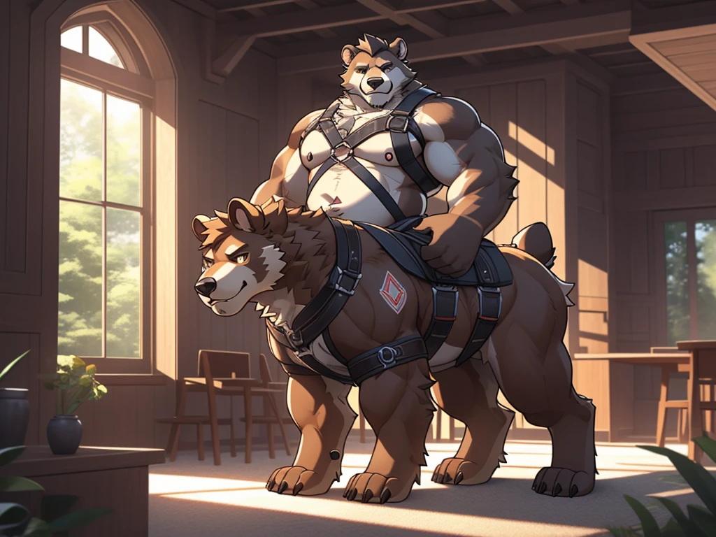 Brown bear, furry, fur taur, beartaur Orc, Tall and , Sports Student, Sunny Handsome, middle-age(56), detailed face, bear ears, hair(mature(light-white)), bear nose(black), bear mouth, garibaldi beard(light-white), bear eyes(yellow), detailed body belly, muscle belly(white), chest harness, detailed arms, strongest, hands(five fingers), detailed taur body, bear paws, beartail(light-brown), Dappled Light, Natural Light, Interior Rendering, XGIMI, Clear Detail, Realism, Rendering, Nikon, C4D, 3DMAX, Redshift Rendering, Corona Rendering, Behace --ar 1:2 --C 10, Happy, Estrus