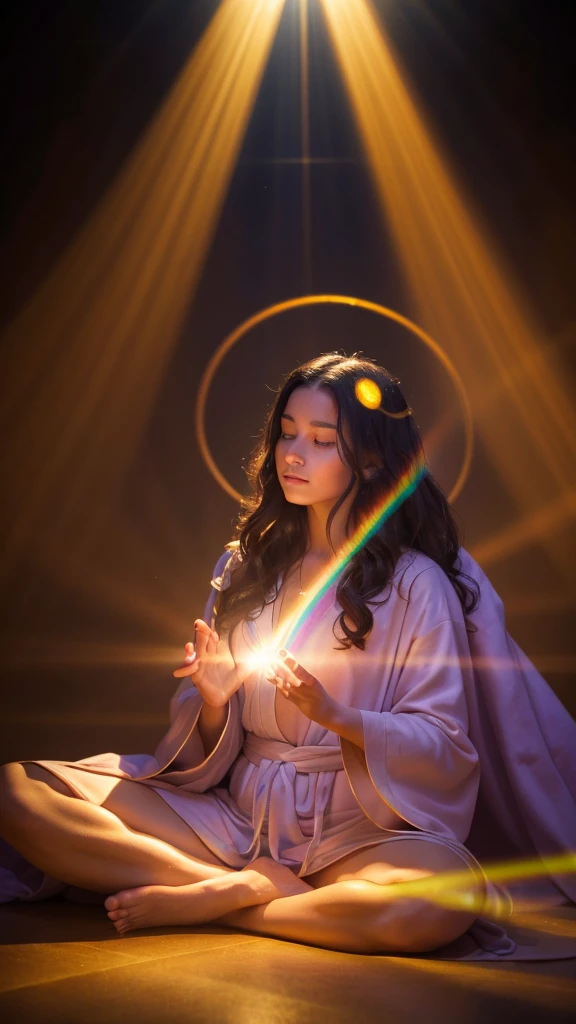 A mystical scene of a person bathed in divine light. A figure with long, wavy hair sits cross-legged in meditation, wearing a flowing purple robe. Their back is to the viewer. Above them, a brilliant, radiant light source emanates beams of golden and rainbow-hued light. The light forms a circular aura, with rays stretching down to envelop the person. The background is dark, enhancing the contrast with the luminous apparition. The overall atmosphere is one of spiritual awakening, transcendence, and connection to a higher power.
