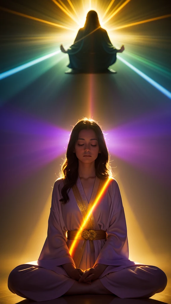 A mystical scene of a person bathed in divine light. A figure with long, wavy hair sits cross-legged in meditation, wearing a flowing purple robe. Their back is to the viewer. Above them, a brilliant, radiant light source emanates beams of golden and rainbow-hued light. The light forms a circular aura, with rays stretching down to envelop the person. The background is dark, enhancing the contrast with the luminous apparition. The overall atmosphere is one of spiritual awakening, transcendence, and connection to a higher power.
