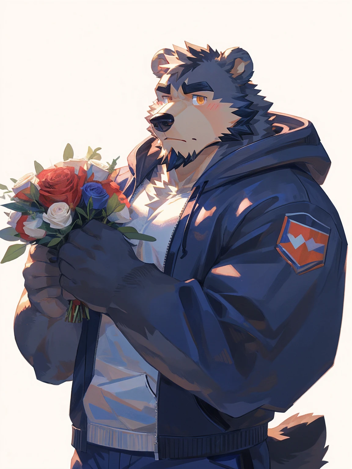 (masterpiece:1.2), best quality,pixiv,official art,perfect anatomy, (Ray tracing, light),solo, (1_male:1.3) , (muscle), (grey fur:1.4), (muscle bear), (beard:1.2), (gleaming golden eyes), bear tail, Thick black eyebrows, (open hoodie :1.3) , (naked inside:1.2), cargo pants, portrait , (white background:1.3) ,(diamond ring on finger:1.3), (holding many bouquet:1.3), unhappy 