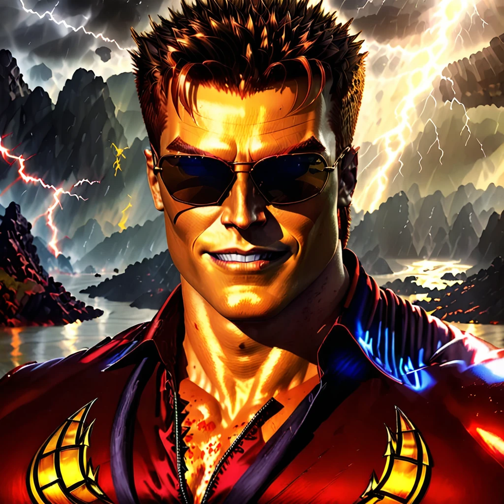 (masterpiece, best quality:1.2), 1man, solo, portrait, smile, high detailed, perfect art, smooth soft skin, soft lightning, centered, face, looking at you, upper body, wearing sunglasses