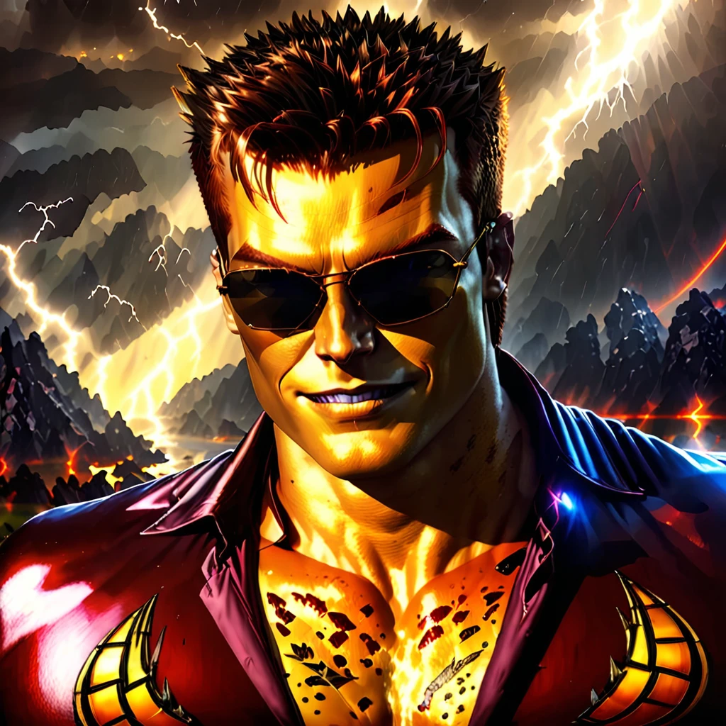 (masterpiece, best quality:1.2), 1man, solo, portrait, smile, high detailed, perfect art, smooth soft skin, soft lightning, centered, face, looking at you, upper body, wearing sunglasses