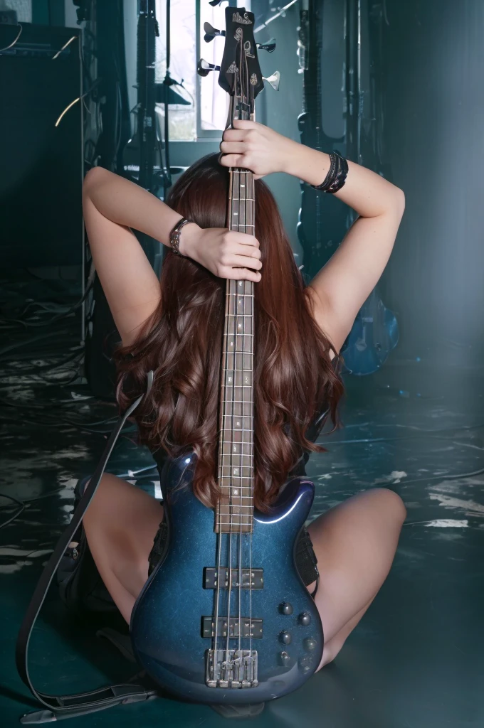 Arafed woman with a guitar sitting on the floor in a dark room, holding electric guitars, photo from a promotional session, bass guitarist, holding guitars, rear shot, holding electric guitar, dreamy rock girl, Shell, electric woman, lower angle, guitarist, holding an electric guitar, promotional shot, holding an electric guitar, The girl plays the guitar.