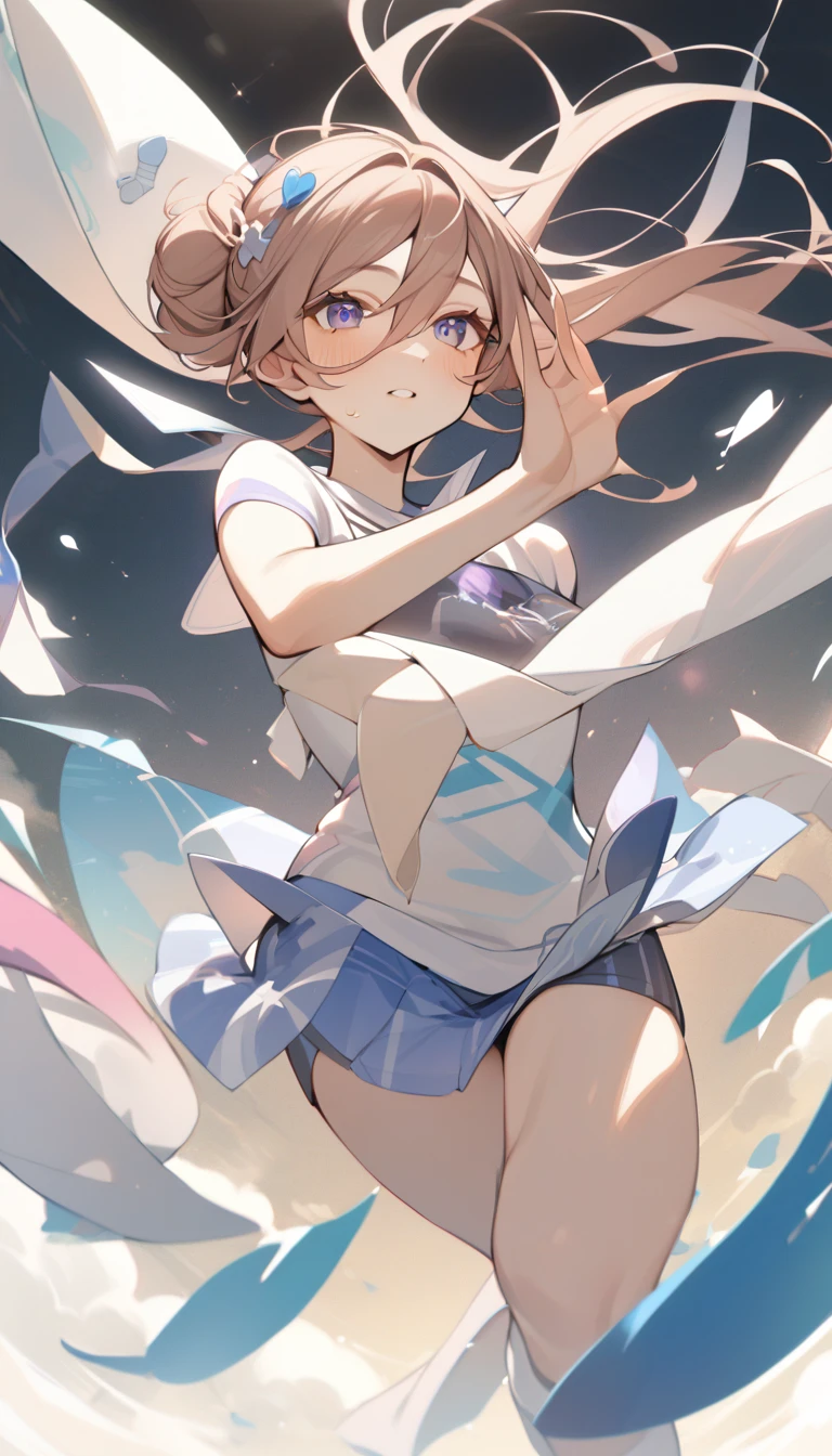 A Female robot exposes her inside mechanical organ. spread legs, banzai pose. she wears bajge dress. Her Brown very short pigtails is tied with two big red clothespins, masterpiece, mature, android, blue eyes, full body, Height: 160cm, flushed cheeks, Uplifting, No NSFW, whole body, barefoot, archaic smile, orgasm, sweat bucket. no panties, full body shot, floating hair, looking away. cyborg made from rung to heaven. She leans arching her back hi-res position. kiss.
