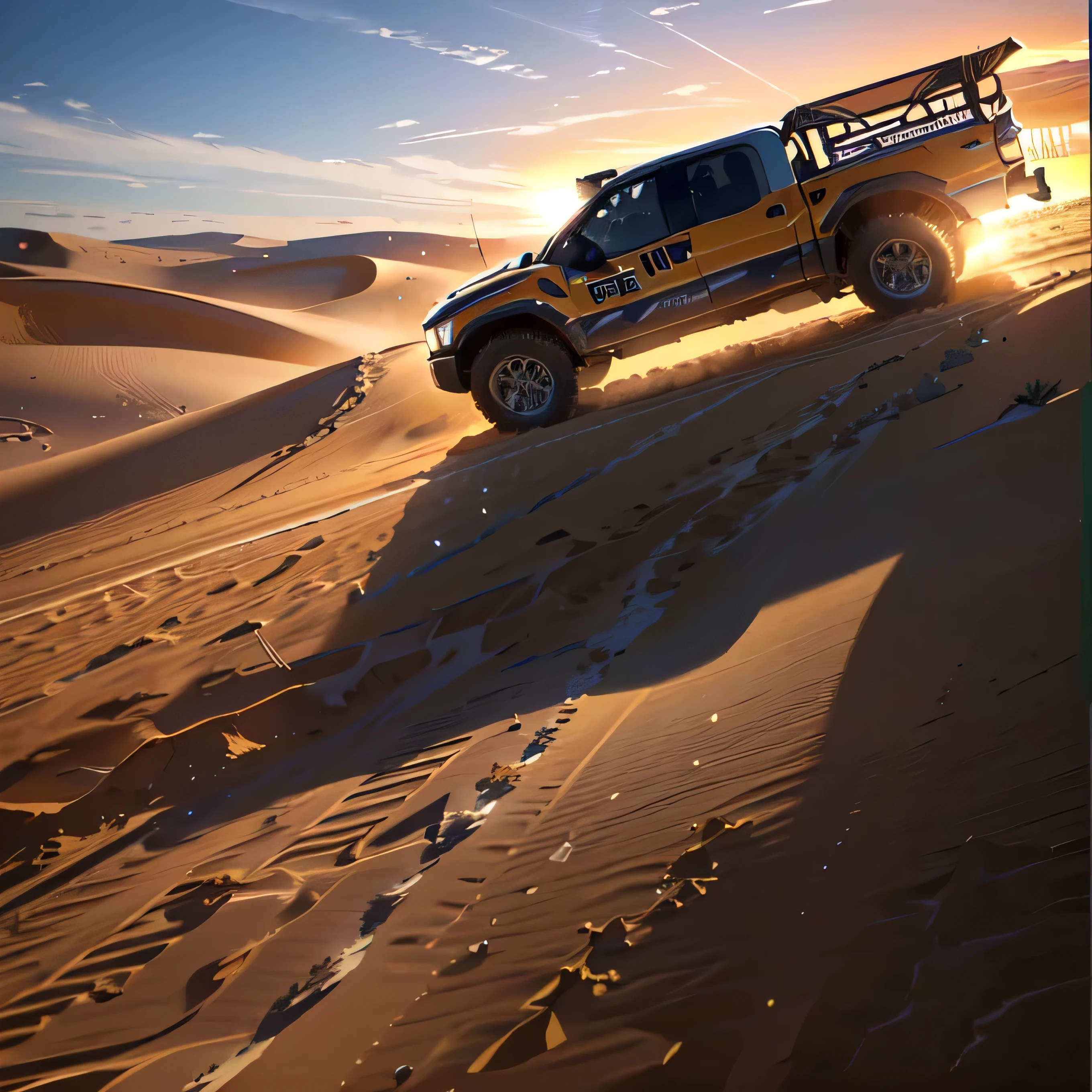 Arafud vehicle driving in the desert with sky background, Dakar Rally Video, trophy truck, Ford F-150 Raptor, Truck crashes into camera, In the middle of the desert, trailer, dunes in the background, Off-road, YouTube thumbnail, Full of sand and dust, on the desert, video, In the desert