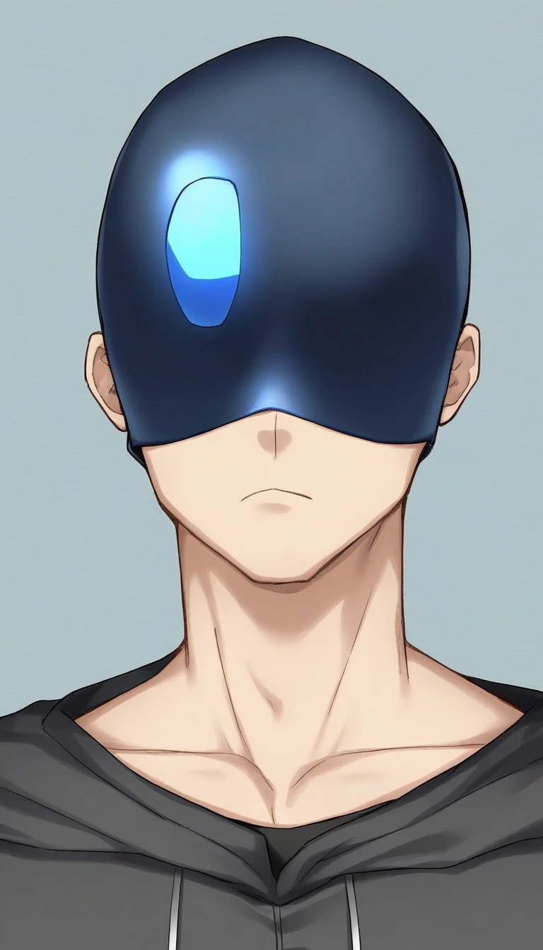 1 male, hood, enigmatic figure with partially hidden face, checkroom, light gray, blue inside, serious expression, eye mask