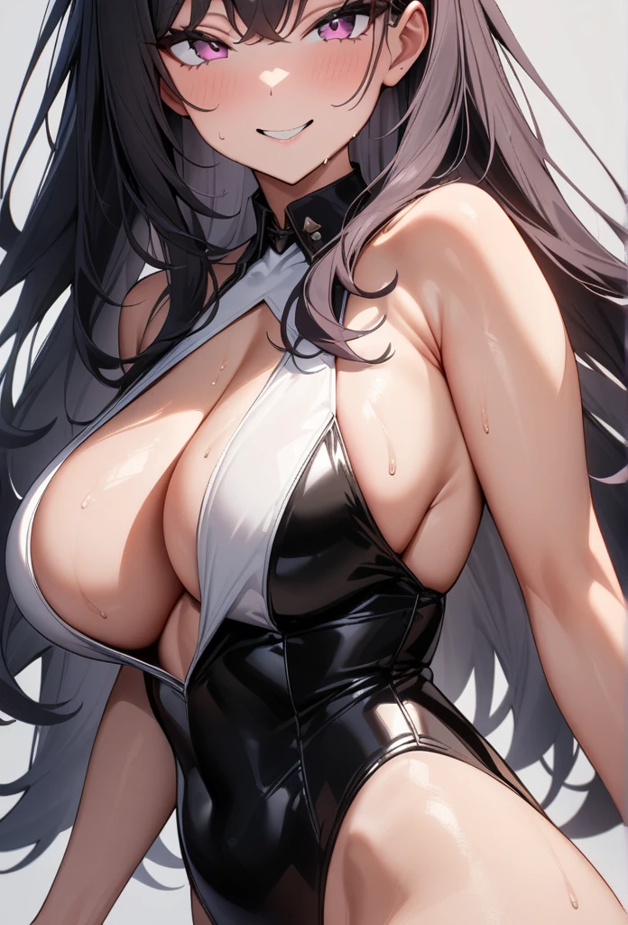 masterpiece, best quality, very aesthetic, absurdres, 1girl, looking at viewer, cowboyshot, long hair,black hair large breasts, enamel leotard,seductive smile,pink eyes, simple background