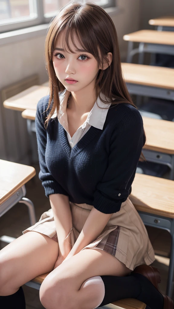 (Showing off panties:1.2), (Professional portrait, Realistic and perfectly shaped subjects:1.3), (masterpiece, highest quality:1.2), (Realistic, Ultra-realistic, Realistic:1.3), (ultra High resolution), High resolution, Intricate details, Super detailed, (Highly detailed CG, unity 8k wallpaper:1.3), Clear image,
break
(1 Japanese girl, 16 years old), (cute, Slender figure), (Perfect Anatomy, Correct limbs:1.2), (Perfect hands), Perfect Arms, Beautiful and delicate face down to the last detail, Beautiful and delicate eye and eye highlights, (Very thin and delicate、not too long lashes), (Captivating eyes, Beautifully detailed eyes and face), light makeup, Pink Lip, Lip gloss, Stylish face, (Shiny skin, Realistic skin detail), Brown Hair, medium chest
break
((school uniform)), (High school girl), (Black socks), shirt open
break
classroom, Sitting in a chair, (Cowboy Shot), break 
(((blush:1.4))), ((Embarrassing:1.4)), (((shy:1.5)))
break
from below
break