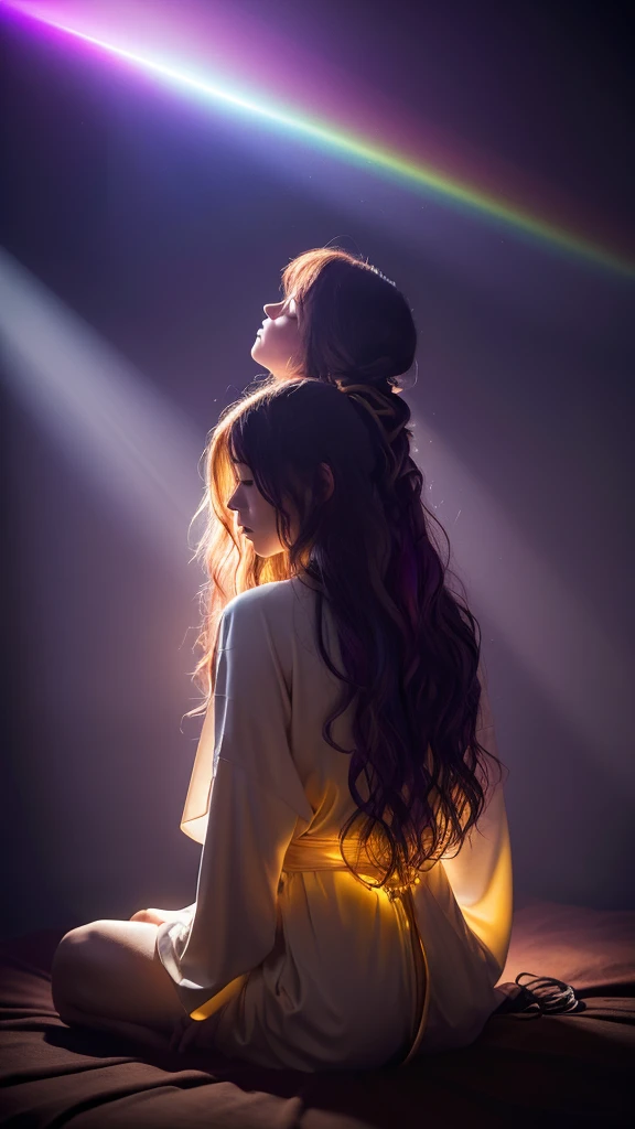 A mystical scene of a person bathed in divine light. A figure with long, wavy hair sits cross-legged in meditation, wearing a flowing purple robe. Their back is to the viewer. Above them, a brilliant, radiant light source emanates beams of golden and rainbow-hued light. The light forms a circular aura, with rays stretching down to envelop the person. The background is dark, enhancing the contrast with the luminous apparition. The overall atmosphere is one of spiritual awakening, transcendence, and connection to a higher power.