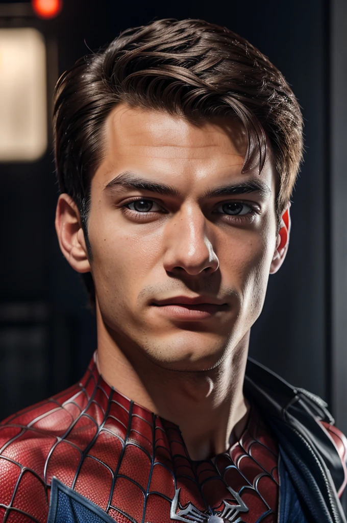 A photograph of spider man, no mask, 20 yo, handsome, detailed face, looking at camera, portrait, 8k uhd, high quality