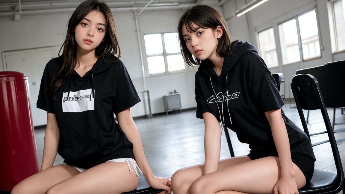deux femmes ensemble de 18 ans sexy et mince , black short sleeve hoodie , salle de classe, se touche,position sey,sensuel