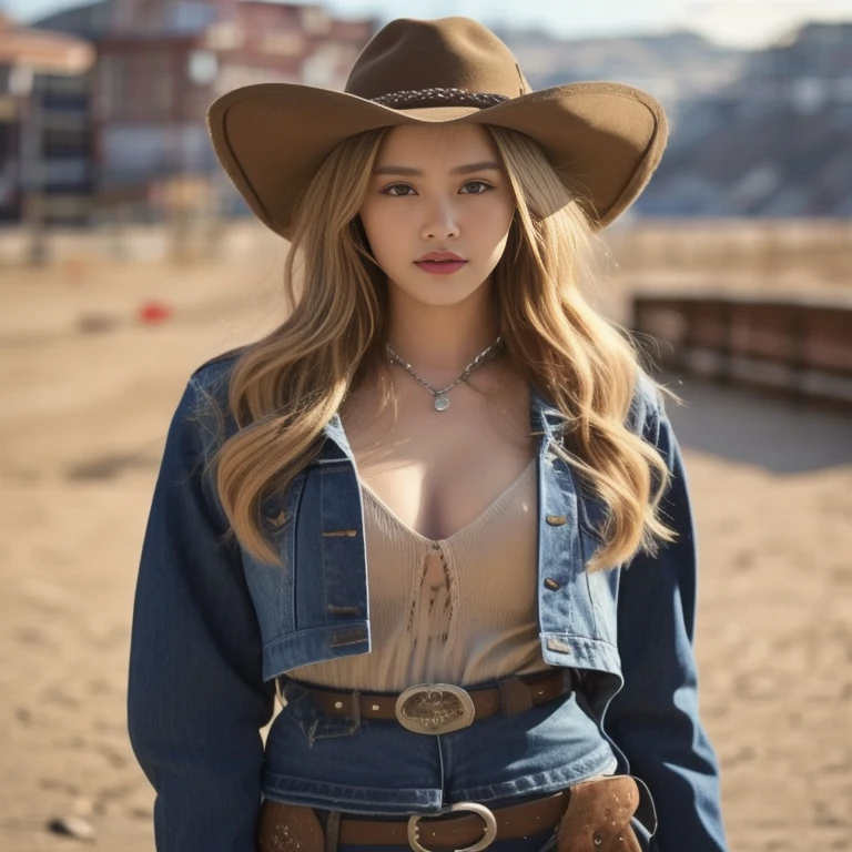 A woman in a jeans skirt and jacket walks down the street., Photo of a thin girl model, fashion model, korean women's fashion model, beautiful female model, sexy style, Wear a camisole and boots., Thin waist and thick hips, Photo of a thin girl, Wear simple, tight-fitting clothing., beautiful female model, Dilraba Dilmurat, cowgirl, Korean girl