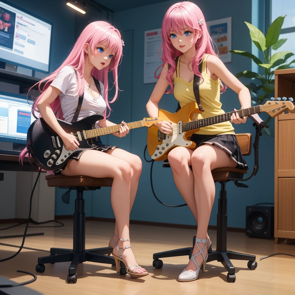 Girl,(((One person))),Black mini skirt,blue eyes,Electric guitar,Have a pick,Pink long hair,indoor,Chair sitting