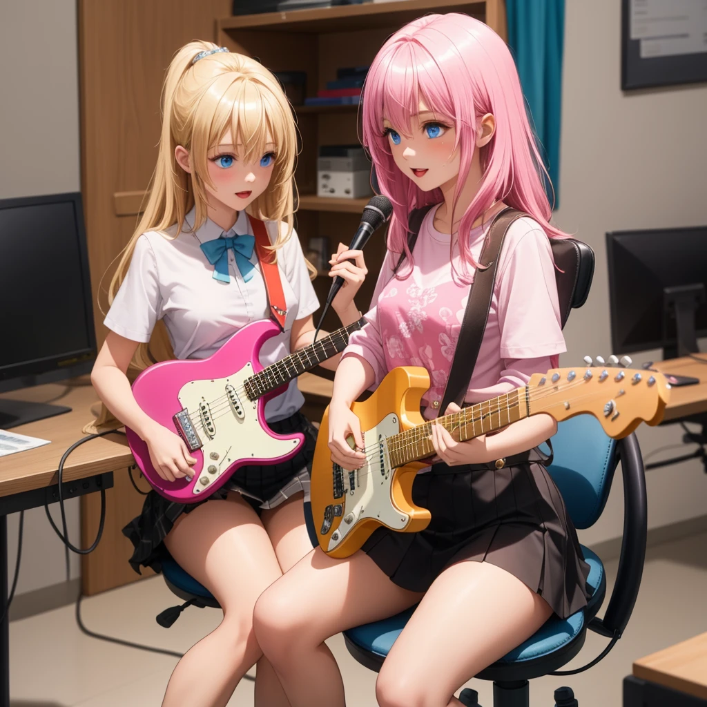 Girl,(((One person))),Black mini skirt,blue eyes,Electric guitar,Have a pick,Pink long hair,indoor,Chair sitting