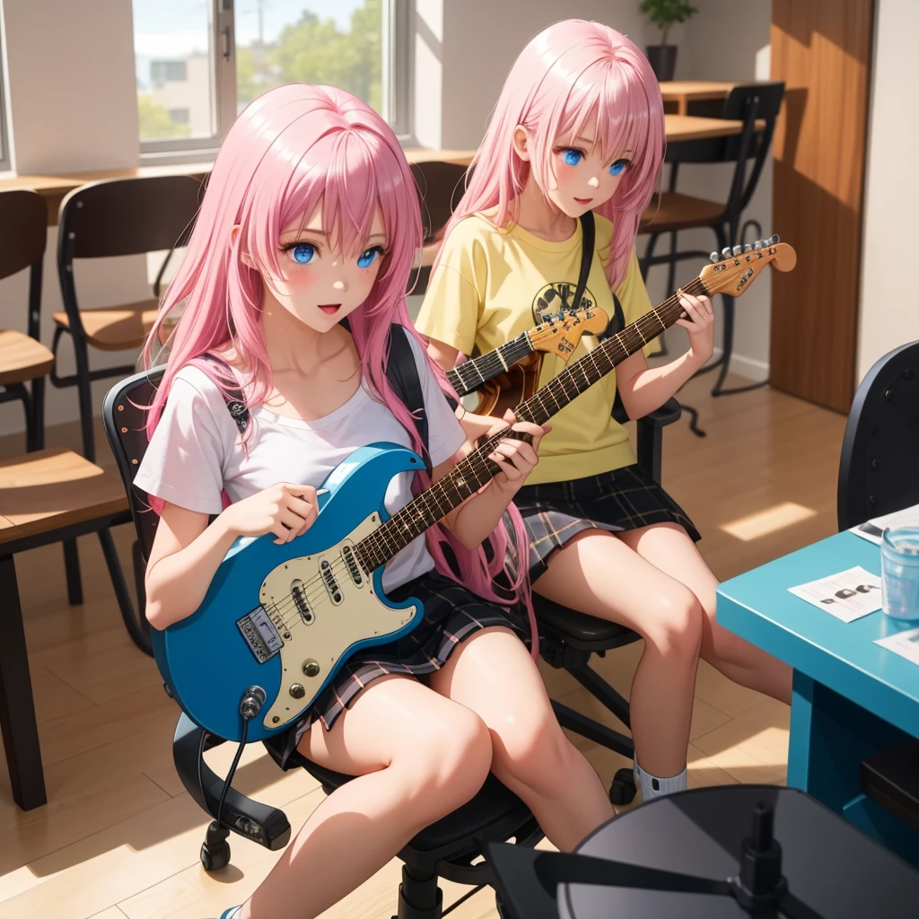 Girl,(((One person))),Black mini skirt,blue eyes,Electric guitar,Have a pick,Pink long hair,indoor,Chair sitting