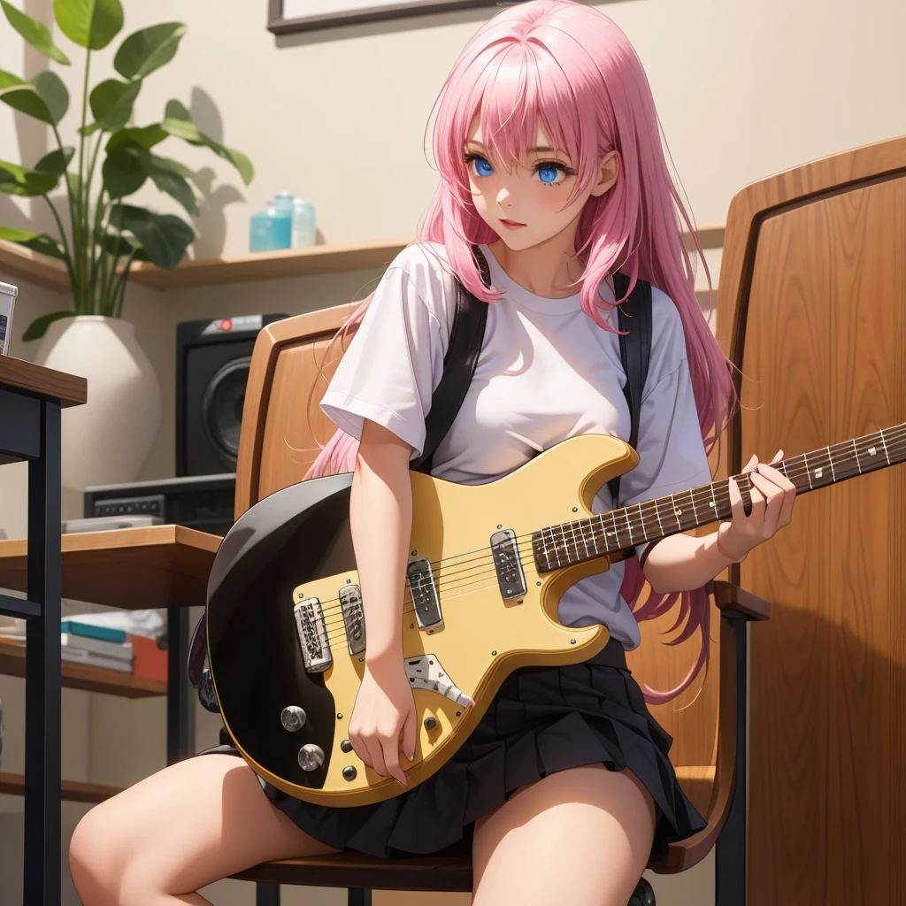 Girl,(((One person))),Black mini skirt,blue eyes,Electric guitar,Have a pick,Pink long hair,indoor,Chair sitting
