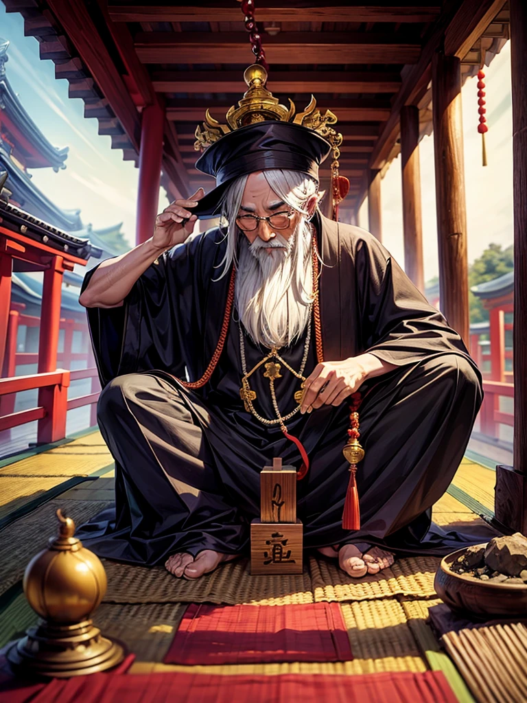 Highest quality,Highest Resolution,An old monk holding a rosary,Temple grounds,Japan,