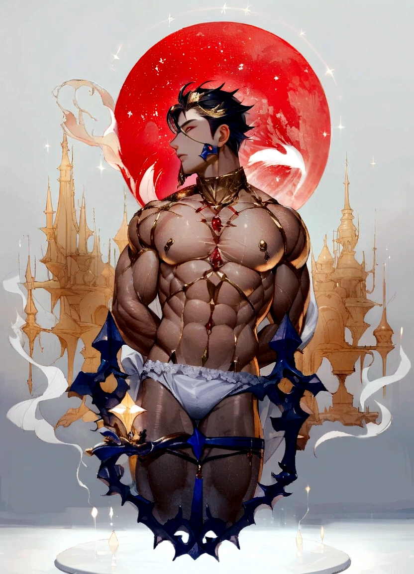 Sculpture design,Figures,GK model,male people,(The whole body of the character),Expose muscles,(sexy for),(Exquisite base),Wu Yifan,The color is bright,Rich in color,Handsome cybernetic boy looking at camera lingerie detailed muscular reality masterpiece,musculous,