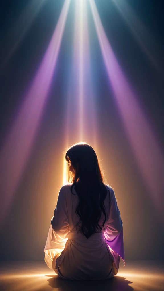 A mystical scene of a person bathed in divine light. A figure with long, wavy hair sits cross-legged in meditation, wearing a flowing purple robe. Their back is to the viewer. Above them, a brilliant, radiant light source emanates beams of golden and rainbow-hued light. The light forms a circular aura, with rays stretching down to envelop the person. The background is dark, enhancing the contrast with the luminous apparition. The overall atmosphere is one of spiritual awakening, transcendence, and connection to a higher power.
