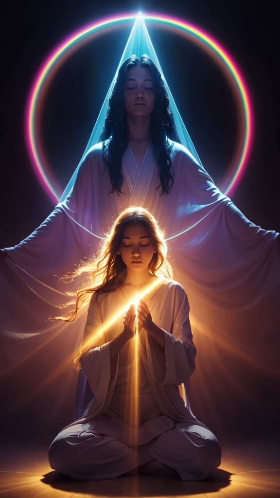 A mystical scene of a person bathed in divine light. A figure with long, wavy hair sits cross-legged in meditation, wearing a flowing purple robe. Their back is to the viewer. Above them, a brilliant, radiant light source emanates beams of golden and rainbow-hued light. The light forms a circular aura, with rays stretching down to envelop the person. The background is dark, enhancing the contrast with the luminous apparition. The overall atmosphere is one of spiritual awakening, transcendence, and connection to a higher power.

