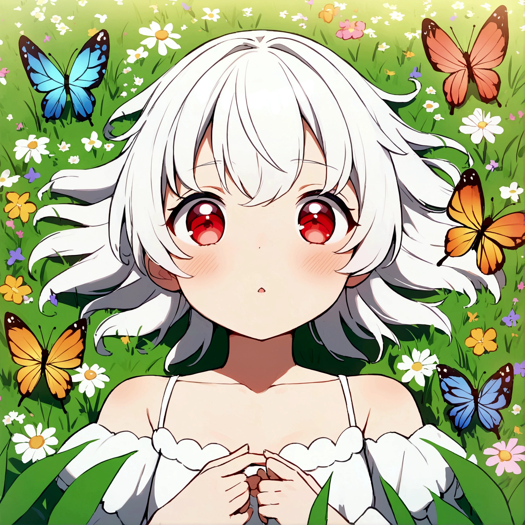 A nature-inspired anime, kawaii guy with soft, white hair, red eyes and delicate features, lying in a field of lush grass and wildflowers. The background includes playful kawaii butterflies and birds, enhancing the whimsical, peaceful vibe. hd quality