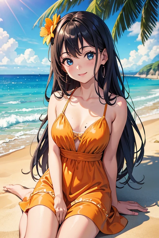 Highest quality, Very detailed, High resolution, expensive resolution, High resolution, 4K,wallpaper, Detailed CG, masterpiece, 2D, 3d, Beautiful details, depth, Fine texture, Highest quality: 1.3, Perfectly focused,skin,Very cute anime girl,Orange summer dress,one piece,long hair,Silver Color,expensive,Mole,Blue Eye, smile,Part your lips a little,The background is a sandy beach with blue sea、Summer sunshine
