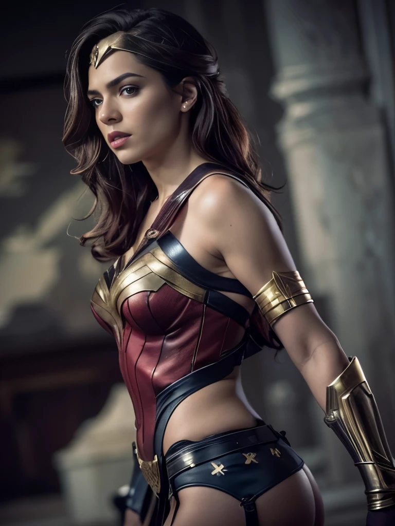 An ultra hot gorgeous European woman. Age 23.(bandage:1.3), (bdsm:1.1), beautiful body, beautiful breasts, shorts, burgundy hair, cosplay Wonder Woman, shot on dslr, detailed face, cinematography, maximum details, neutral colors, hdr, muted colors, soft cinematic light, insane details, intricate details, hyperdetailed, masterpiece, 8k, wallpaper, (detailed), high quality, ((high detailed skin, skin details)), sharp focus, 8k uhd, dslr, film grain