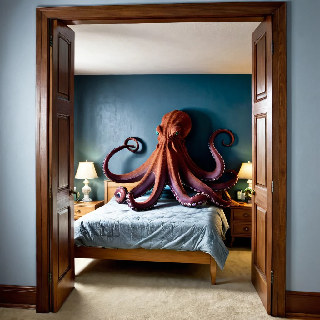 A giant octopus comes through the door of a bedroom, who grabs the bed with his tentacles. The atmosphere is very spooky. It looks very realistic.