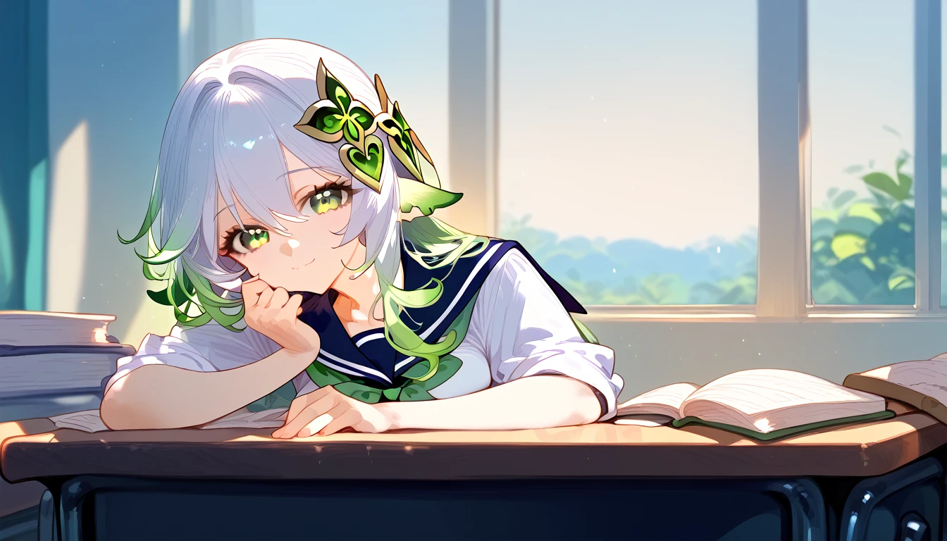 score_9,score_8_up,score_7_up,
1girl,solo,nahida,genshin impact,closed mouth,,at school,(school uniform:1.2),,looking at viewer, smile, windows, sunset, at desk